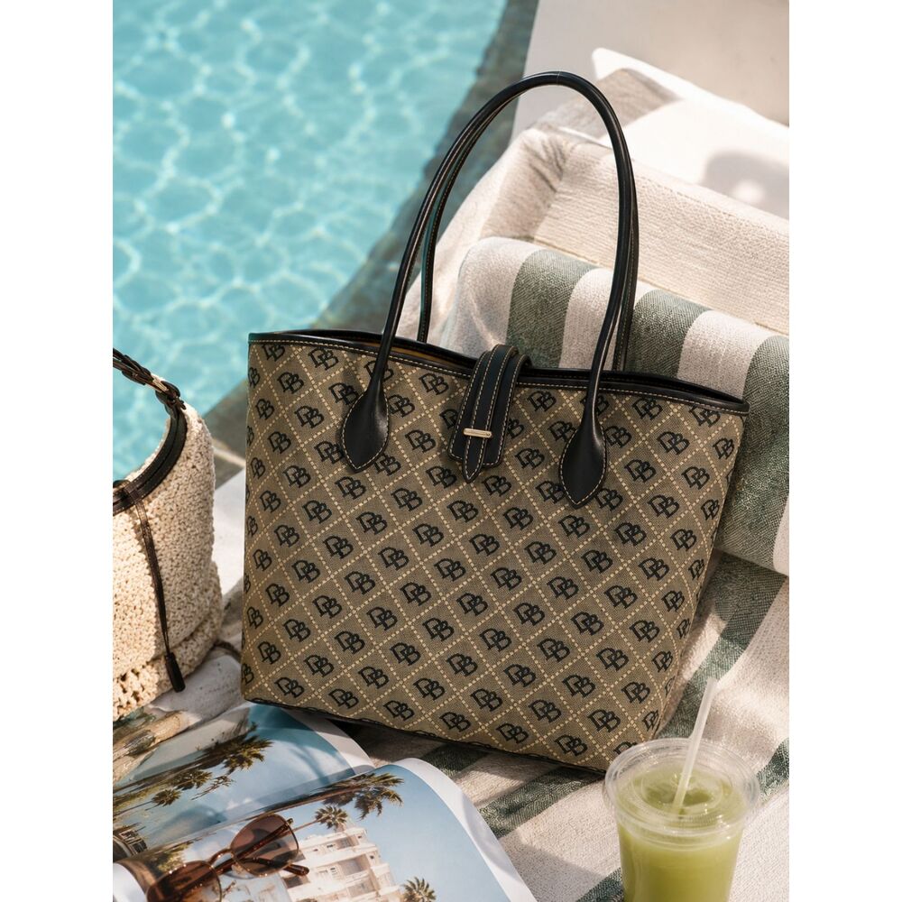 Dooney & Bourke DB Signature Monogram Canvas Tote Bag Black Grey Push Lock